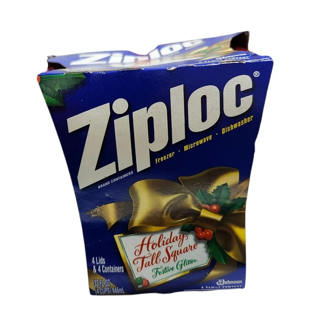 Vintage 2001‎ Ziploc Holiday Tall Square Festive Glitter Red Containers 4ct 32oz